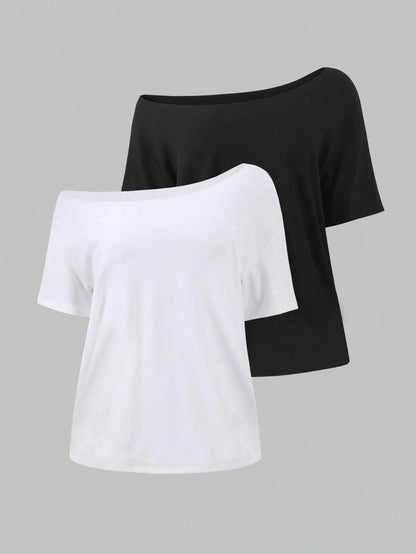 Flirla 2pcs Women's Loose Asymmetric-Shoulder T-Shirt, Elegant Black & Wine Red Solid Color Oversized Tee