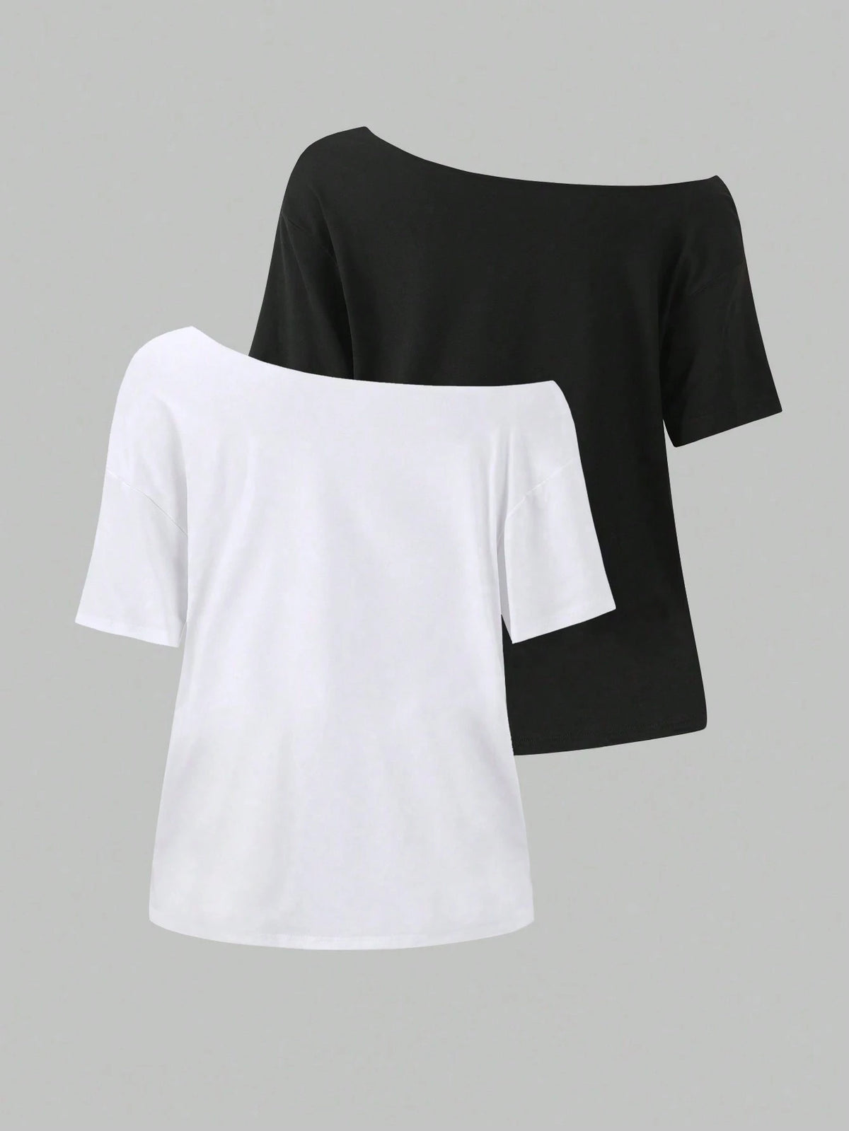 Flirla 2pcs Women's Loose Asymmetric-Shoulder T-Shirt, Elegant Black & Wine Red Solid Color Oversized Tee