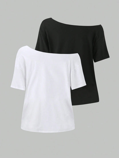 Flirla 2pcs Women's Loose Asymmetric-Shoulder T-Shirt, Elegant Black & Wine Red Solid Color Oversized Tee