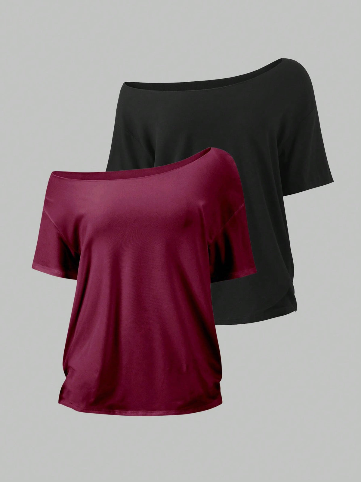Flirla 2pcs Women's Loose Asymmetric-Shoulder T-Shirt, Elegant Black & Wine Red Solid Color Oversized Tee