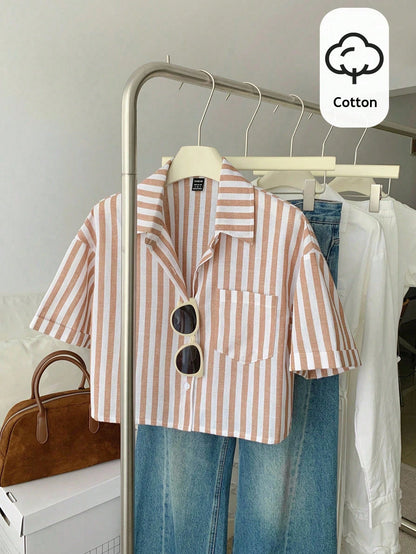 Flirla Striped Cropped Relaxed Casual Women Oversized Cuffed Sleeve Blouse, Linen Texture Women Shirt Cotton