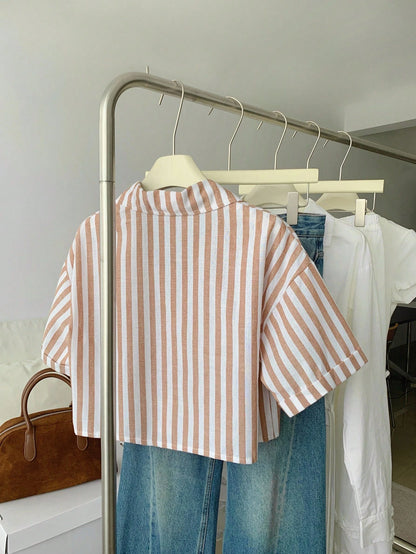 Flirla Striped Cropped Relaxed Casual Women Oversized Cuffed Sleeve Blouse, Linen Texture Women Shirt Cotton