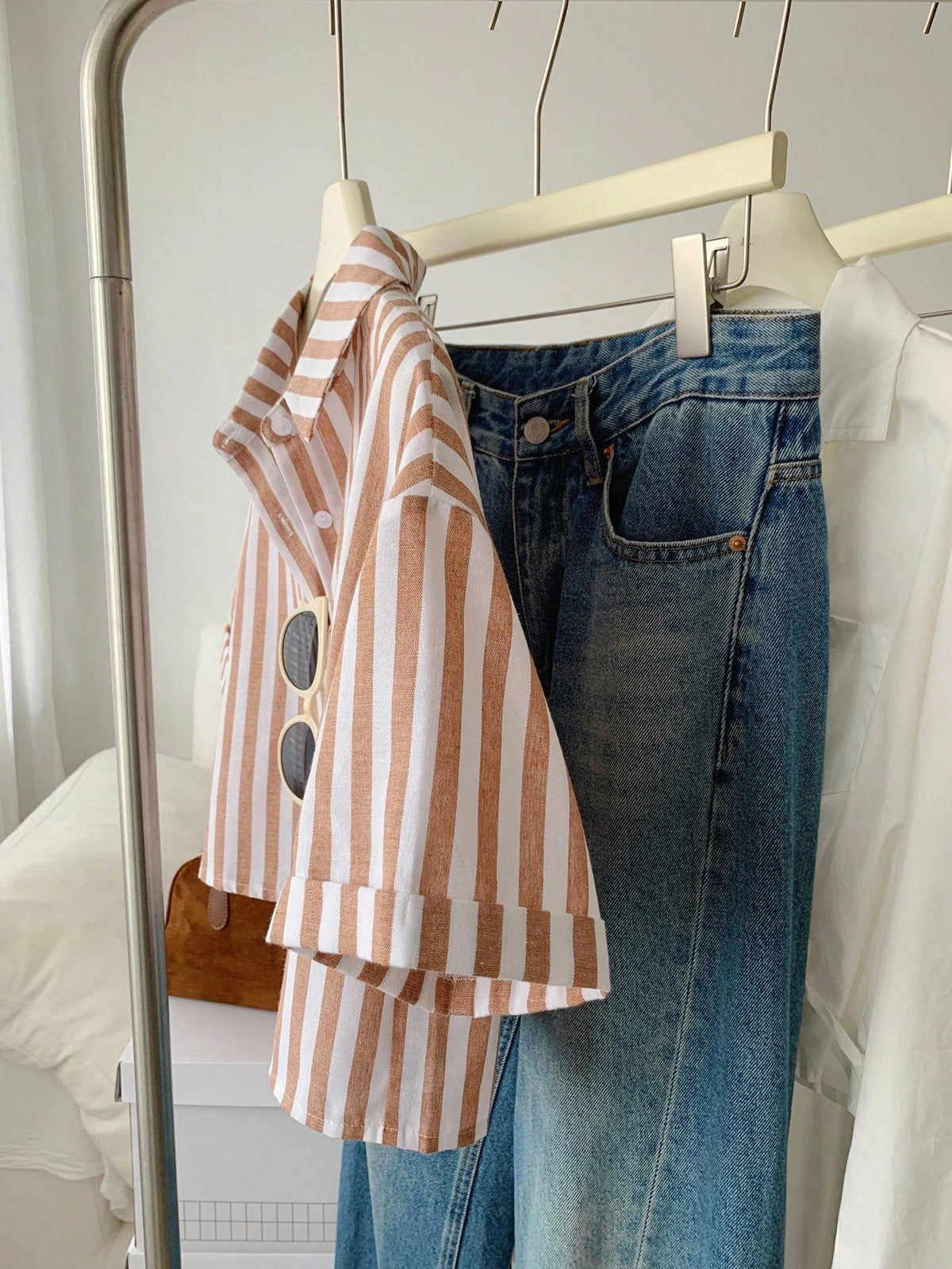 Flirla Striped Cropped Relaxed Casual Women Oversized Cuffed Sleeve Blouse, Linen Texture Women Shirt Cotton