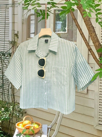Flirla Striped Cropped Relaxed Casual Women Oversized Cuffed Sleeve Blouse, Linen Texture Women Shirt Cotton
