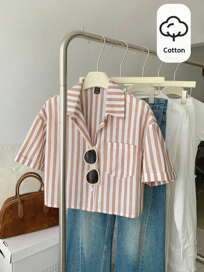 Flirla Striped Cropped Relaxed Casual Women Oversized Cuffed Sleeve Blouse, Linen Texture Women Shirt Cotton