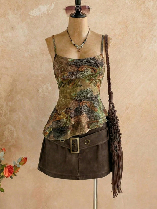 Flirla Women's Olive Green Vintage Flower Print Camisole Tank Top,Sweet & Boho Fitted Casual Top For Summer Holiday Vacation Holiday,Daily Wear & Dates