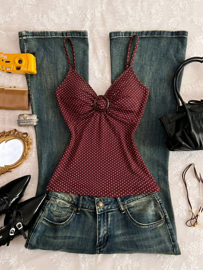 Flirla Women's Polka Dot Decorated Casual Tank Top, Suitable For Daily Wear And Vacation