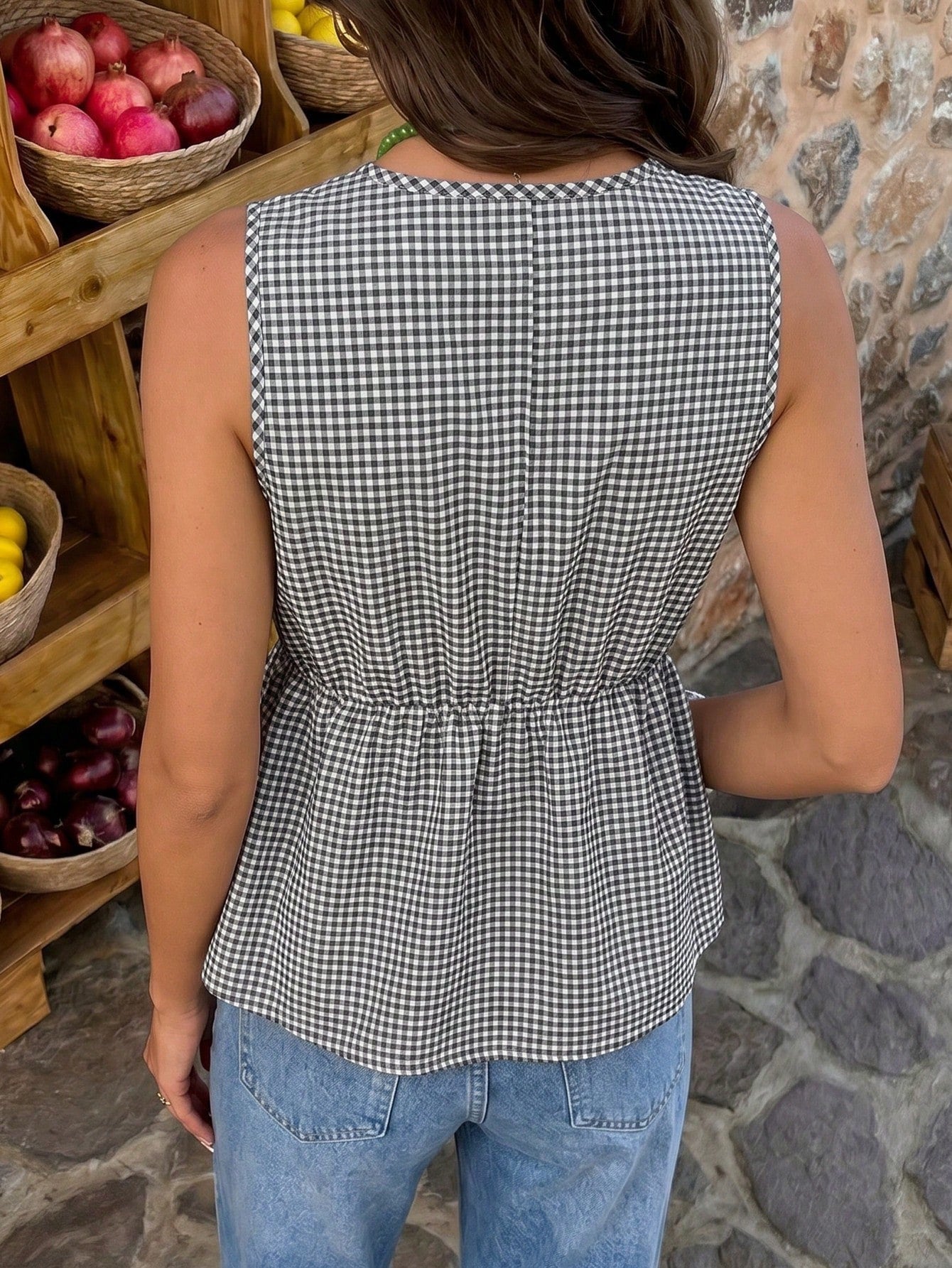 Flora Isola Flora Isola Women's Summer Plaid Lace-Up Hollow V-Neck Cinched Waist Ruffle Hem Sleeveless Tank Top French Sweet & Spicy Style Casual Commute Cropped Top