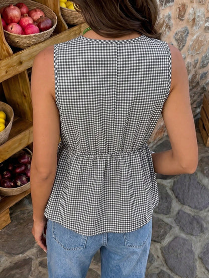 Flora Isola Flora Isola Women's Summer Plaid Lace-Up Hollow V-Neck Cinched Waist Ruffle Hem Sleeveless Tank Top French Sweet & Spicy Style Casual Commute Cropped Top