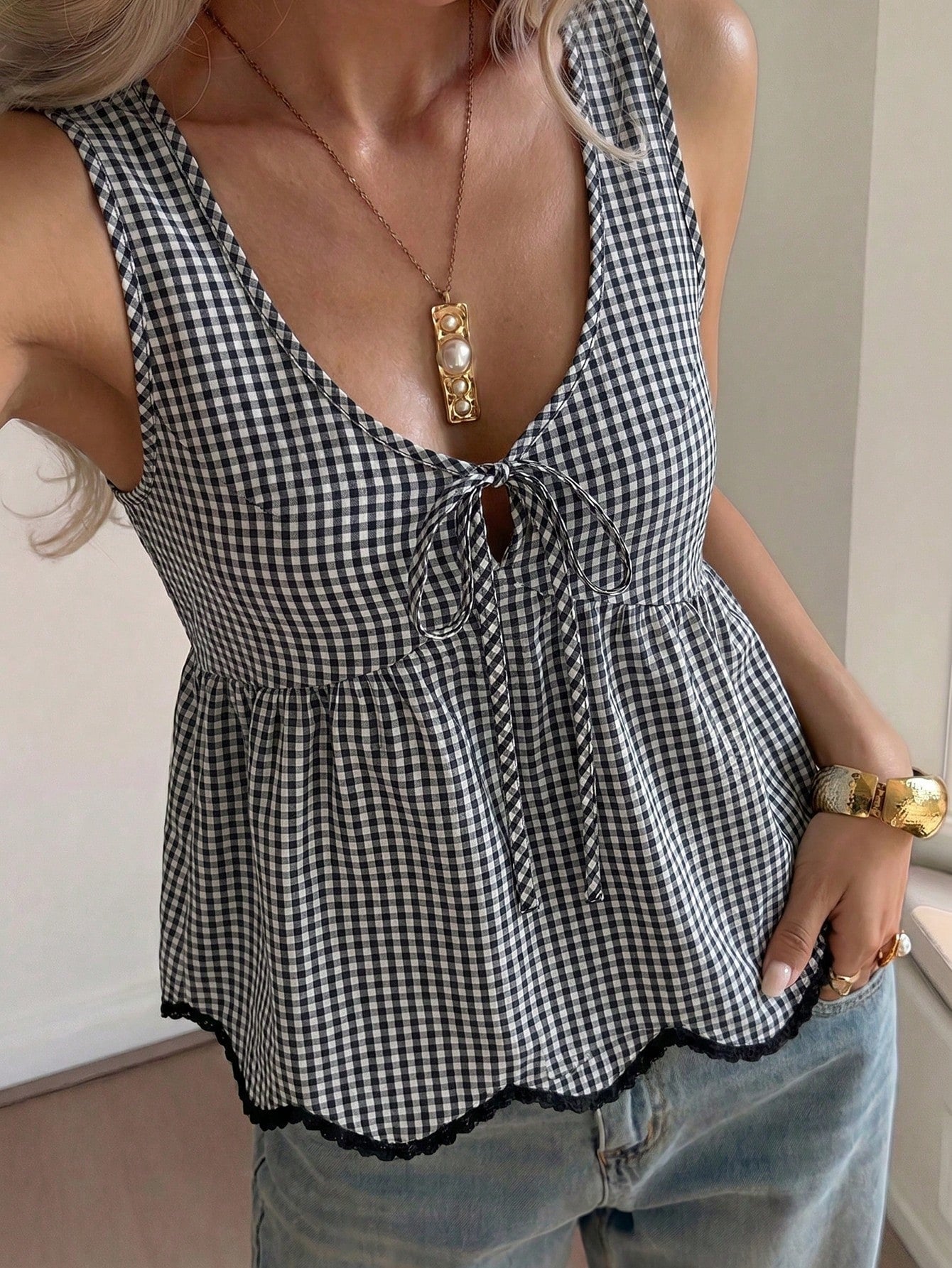 Flora Isola Flora Isola Women's Summer Plaid Lace-Up Hollow V-Neck Cinched Waist Ruffle Hem Sleeveless Tank Top French Sweet & Spicy Style Casual Commute Cropped Top