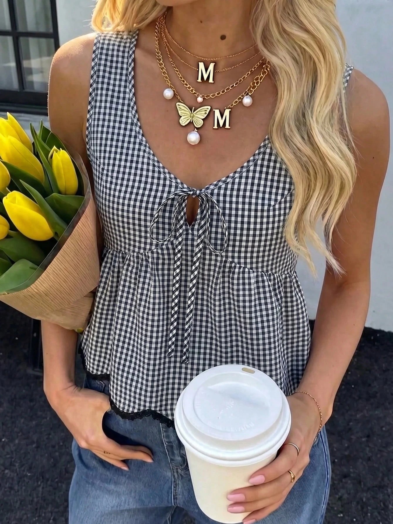Flora Isola Flora Isola Women's Summer Plaid Lace-Up Hollow V-Neck Cinched Waist Ruffle Hem Sleeveless Tank Top French Sweet & Spicy Style Casual Commute Cropped Top