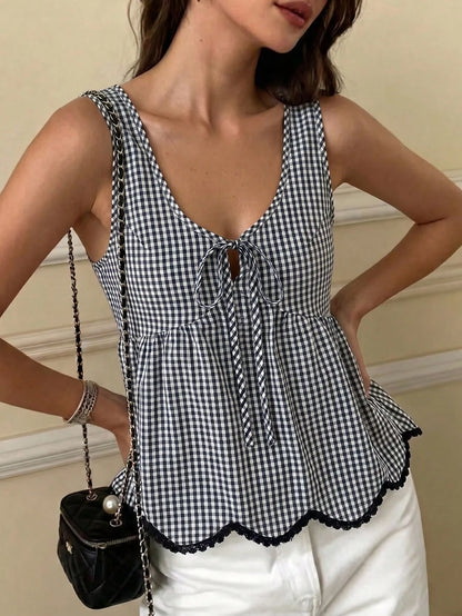 Flora Isola Flora Isola Women's Summer Plaid Lace-Up Hollow V-Neck Cinched Waist Ruffle Hem Sleeveless Tank Top French Sweet & Spicy Style Casual Commute Cropped Top