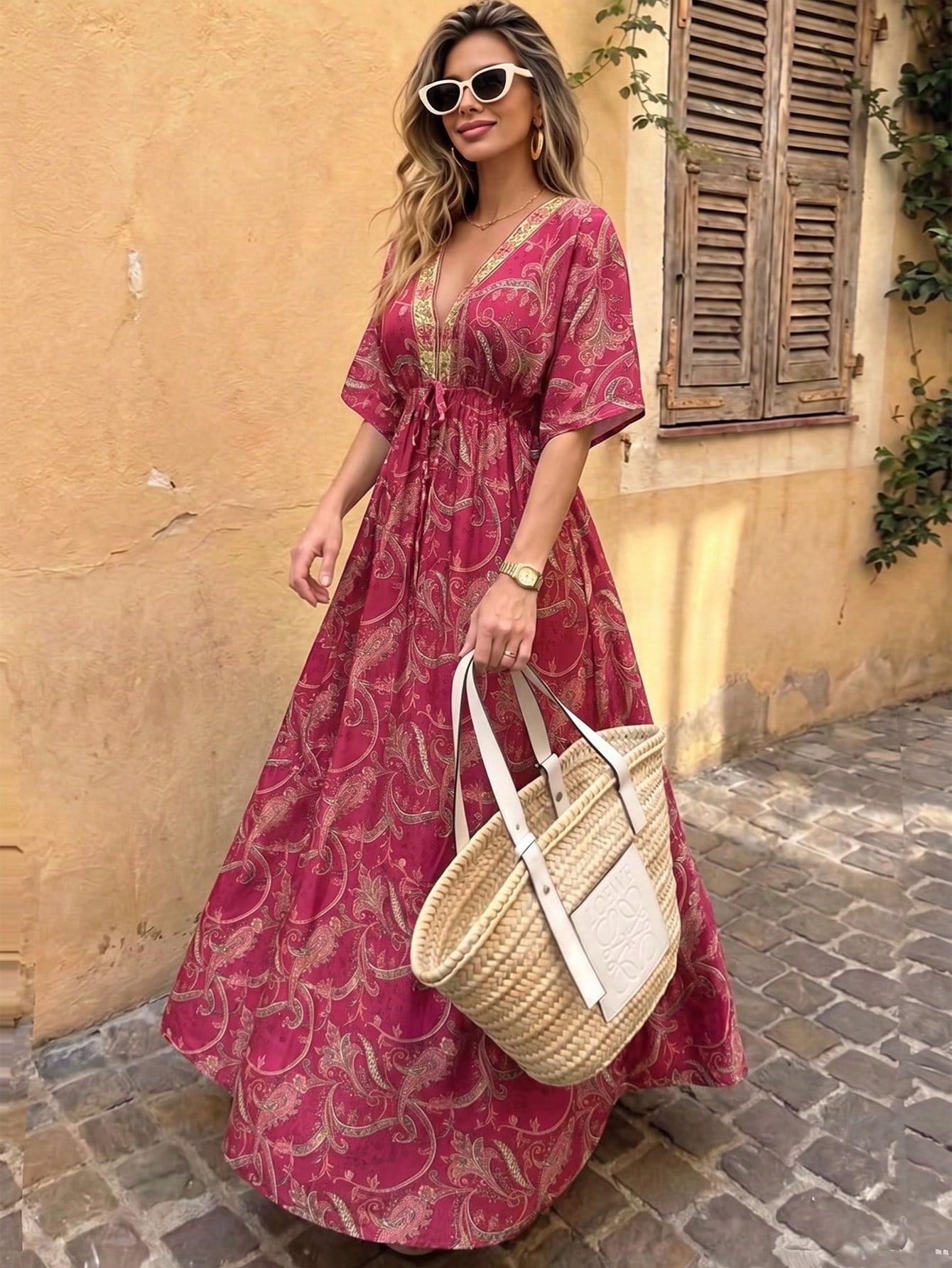 Flora Isola Flora Isola Women's V-Neck Drop Shoulder Dress, Fashionable Patterned Contrast Trim Waist Long Dress, Suitable For Summer Daily, Vacation And Outing