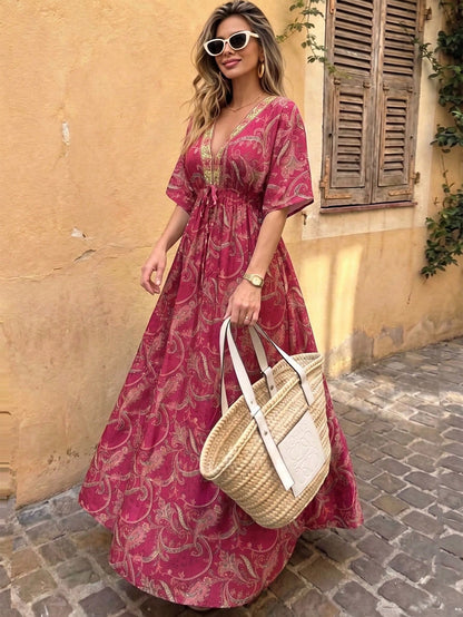 Flora Isola Flora Isola Women's V-Neck Drop Shoulder Dress, Fashionable Patterned Contrast Trim Waist Long Dress, Suitable For Summer Daily, Vacation And Outing