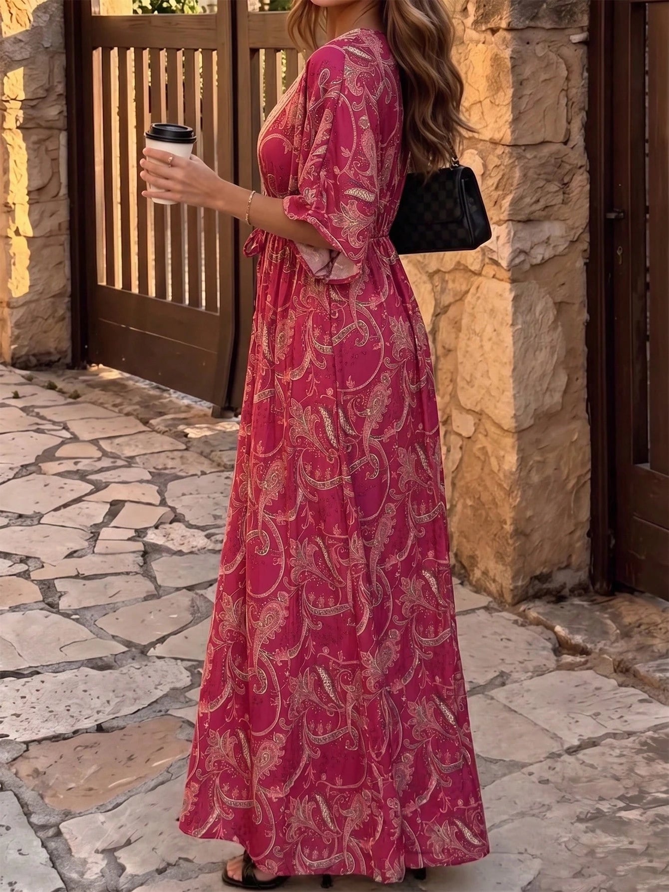 Flora Isola Flora Isola Women's V-Neck Drop Shoulder Dress, Fashionable Patterned Contrast Trim Waist Long Dress, Suitable For Summer Daily, Vacation And Outing