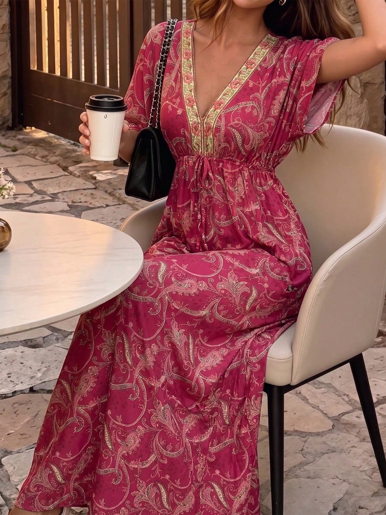Flora Isola Flora Isola Women's V-Neck Drop Shoulder Dress, Fashionable Patterned Contrast Trim Waist Long Dress, Suitable For Summer Daily, Vacation And Outing