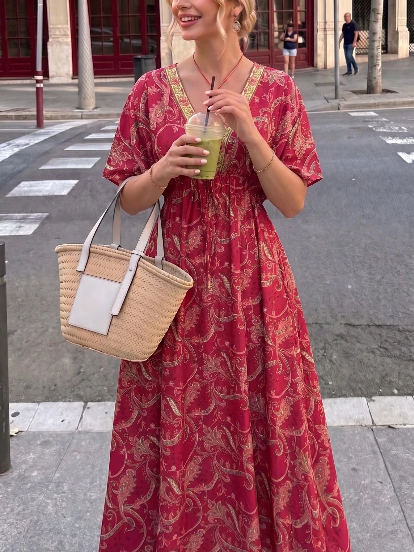 Flora Isola Flora Isola Women's V-Neck Drop Shoulder Dress, Fashionable Patterned Contrast Trim Waist Long Dress, Suitable For Summer Daily, Vacation And Outing