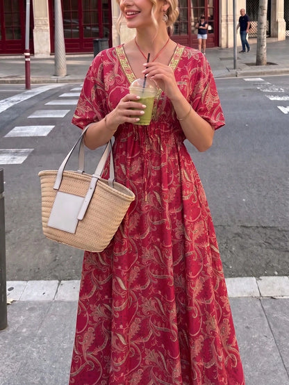 Flora Isola Flora Isola Women's V-Neck Drop Shoulder Dress, Fashionable Patterned Contrast Trim Waist Long Dress, Suitable For Summer Daily, Vacation And Outing