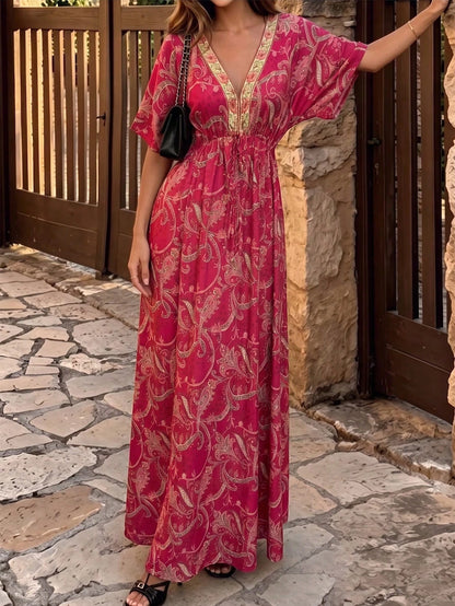 Flora Isola Flora Isola Women's V-Neck Drop Shoulder Dress, Fashionable Patterned Contrast Trim Waist Long Dress, Suitable For Summer Daily, Vacation And Outing