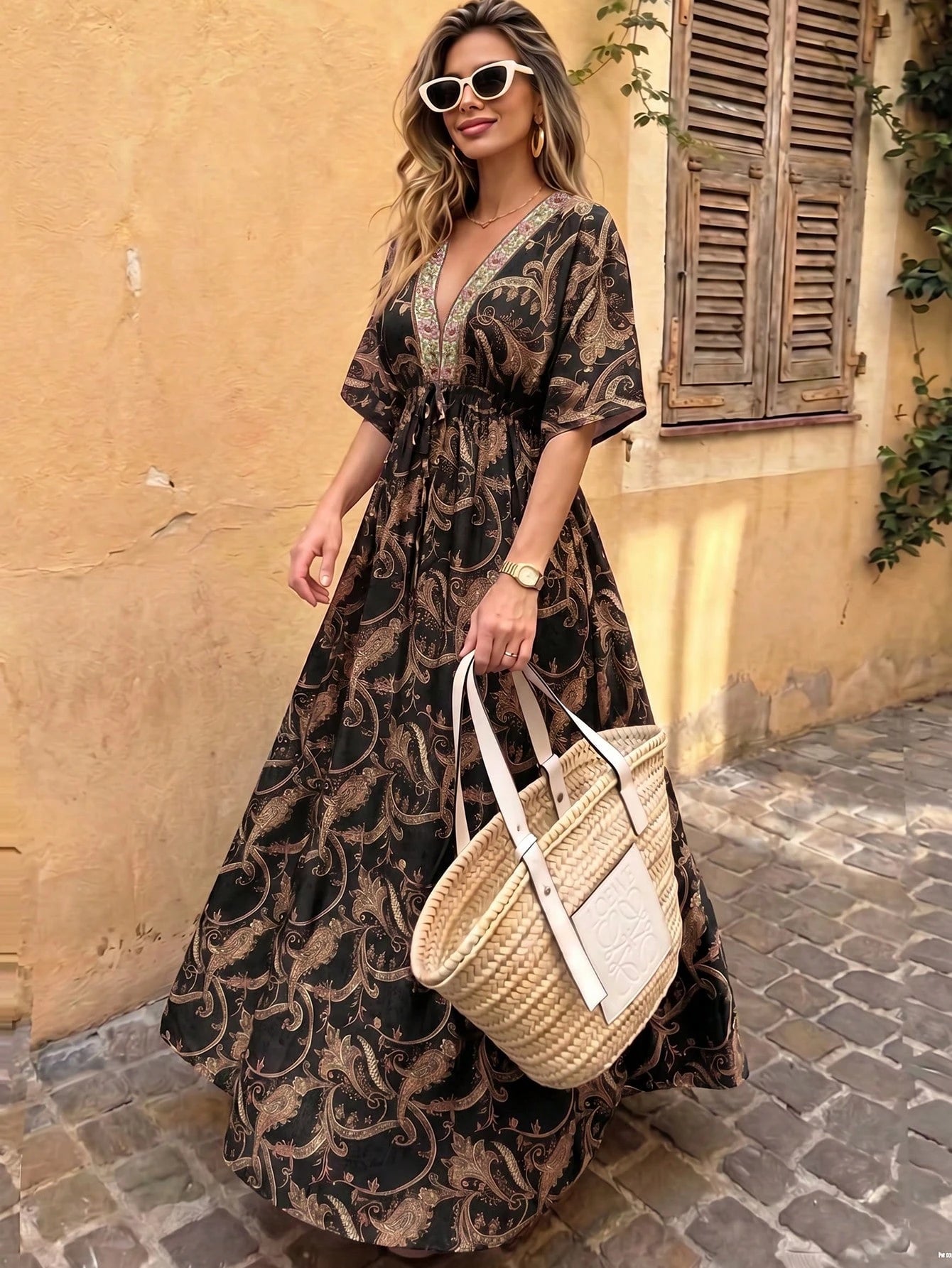 Flora Isola Flora Isola Women's V-Neck Drop Shoulder Dress, Fashionable Patterned Contrast Trim Waist Long Dress, Suitable For Summer Daily, Vacation And Outing