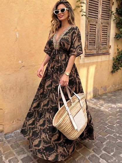 Flora Isola Flora Isola Women's V-Neck Drop Shoulder Dress, Fashionable Patterned Contrast Trim Waist Long Dress, Suitable For Summer Daily, Vacation And Outing
