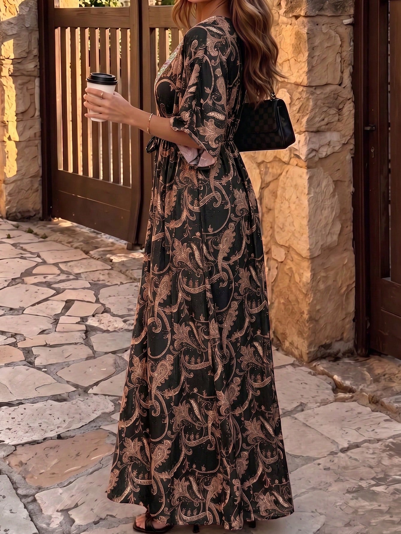 Flora Isola Flora Isola Women's V-Neck Drop Shoulder Dress, Fashionable Patterned Contrast Trim Waist Long Dress, Suitable For Summer Daily, Vacation And Outing