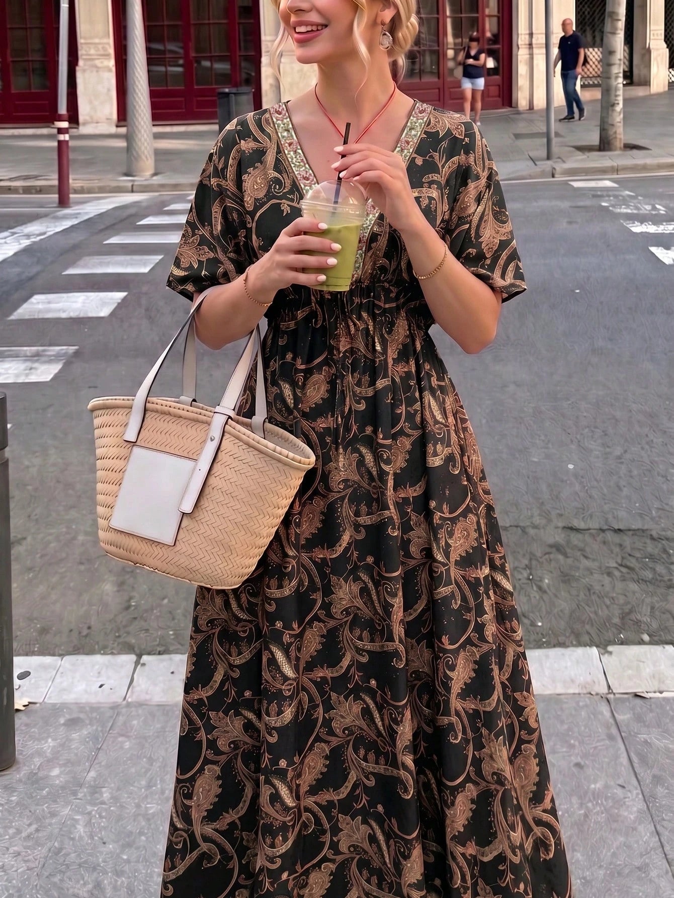 Flora Isola Flora Isola Women's V-Neck Drop Shoulder Dress, Fashionable Patterned Contrast Trim Waist Long Dress, Suitable For Summer Daily, Vacation And Outing