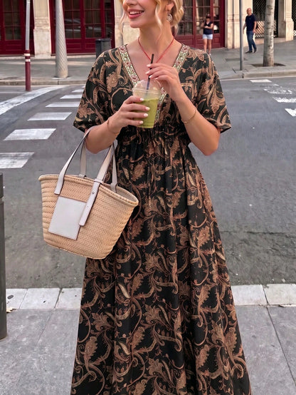 Flora Isola Flora Isola Women's V-Neck Drop Shoulder Dress, Fashionable Patterned Contrast Trim Waist Long Dress, Suitable For Summer Daily, Vacation And Outing
