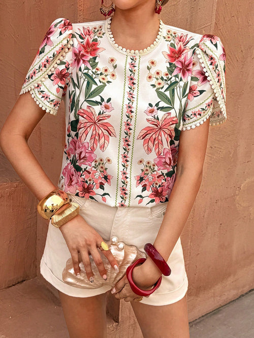 Flora Isola Women's Spring/Summer Casual Geometric Embroidered Hollow-Out Petal Sleeve Round Neck Short Sleeve Blouse