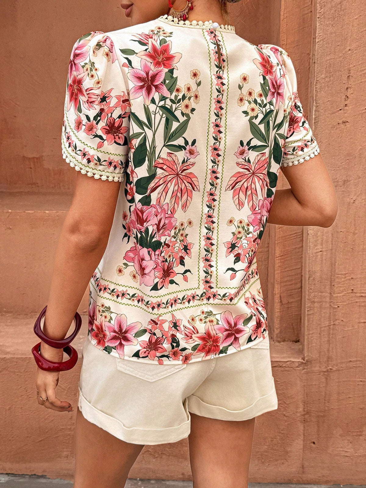Flora Isola Women's Spring/Summer Casual Geometric Embroidered Hollow-Out Petal Sleeve Round Neck Short Sleeve Blouse