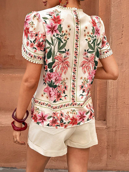 Flora Isola Women's Spring/Summer Casual Geometric Embroidered Hollow-Out Petal Sleeve Round Neck Short Sleeve Blouse