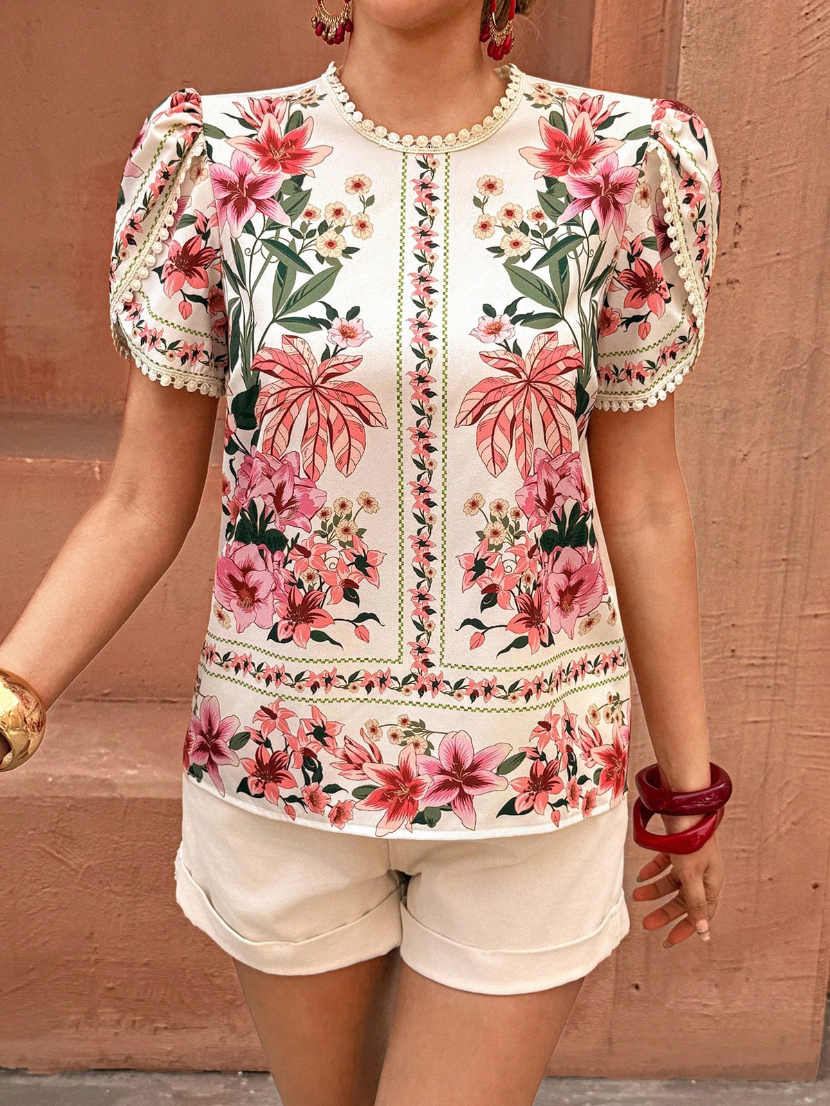 Flora Isola Women's Spring/Summer Casual Geometric Embroidered Hollow-Out Petal Sleeve Round Neck Short Sleeve Blouse