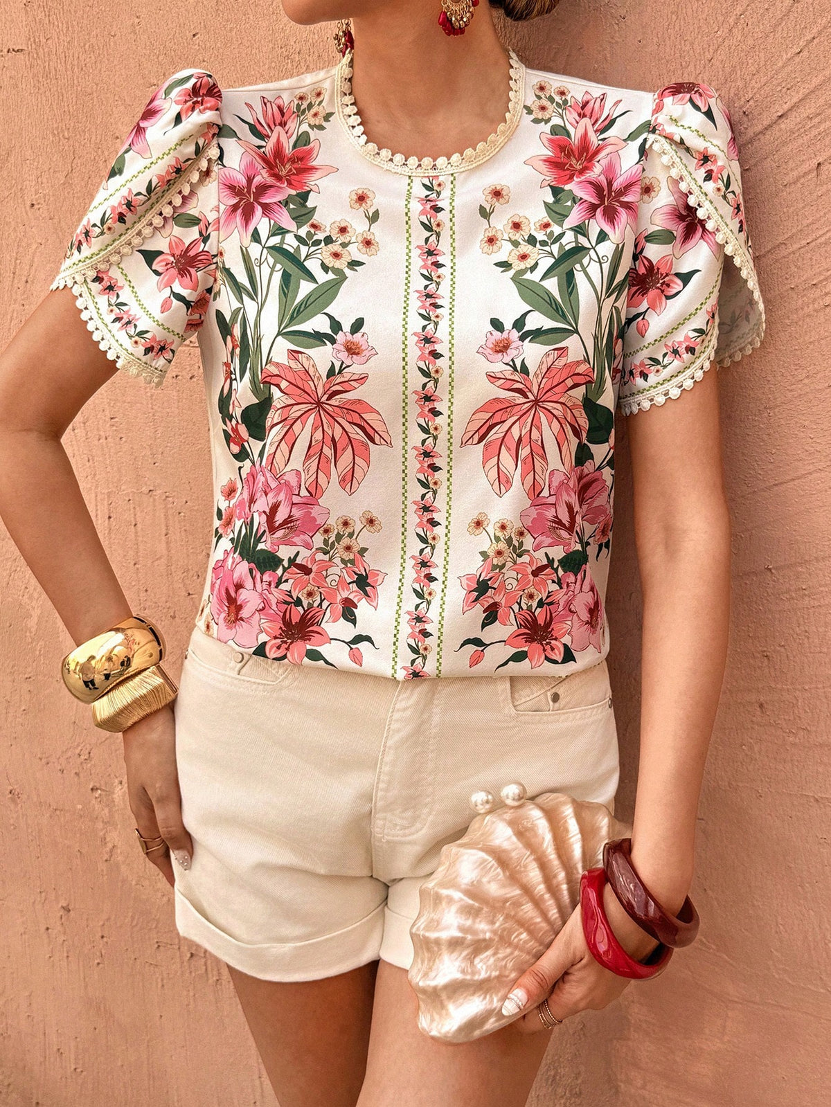 Flora Isola Women's Spring/Summer Casual Geometric Embroidered Hollow-Out Petal Sleeve Round Neck Short Sleeve Blouse