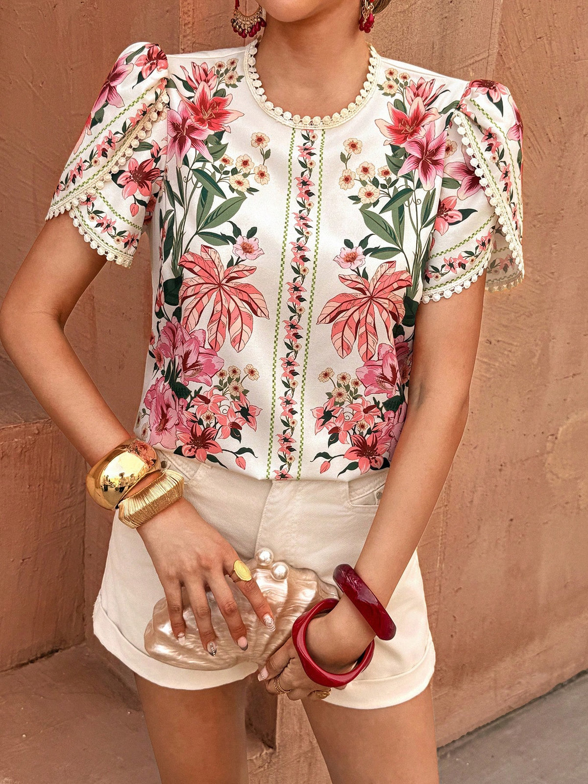 Flora Isola Women's Spring/Summer Casual Geometric Embroidered Hollow-Out Petal Sleeve Round Neck Short Sleeve Blouse
