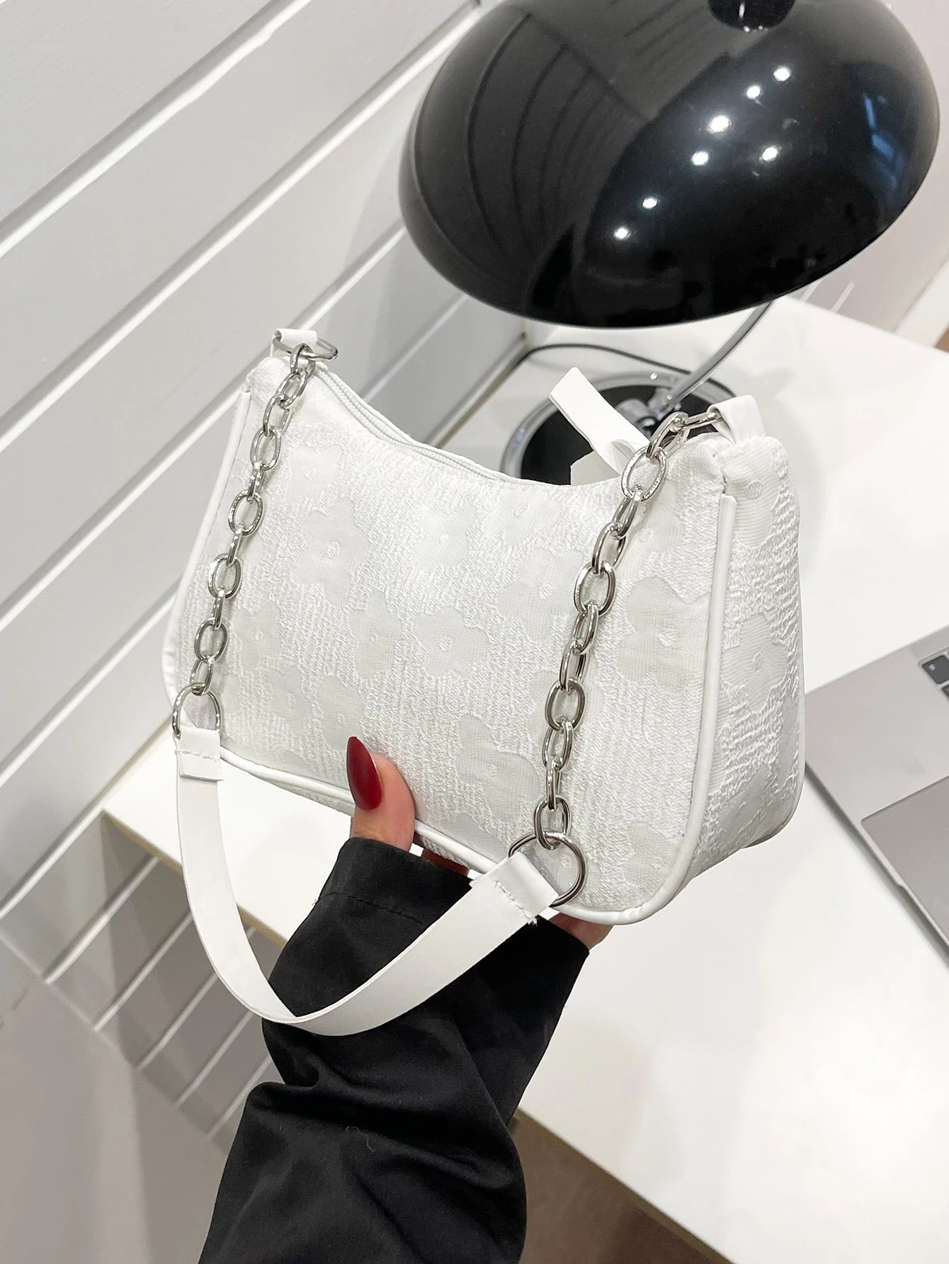 Floral Pattern Chain Bag, White Bag