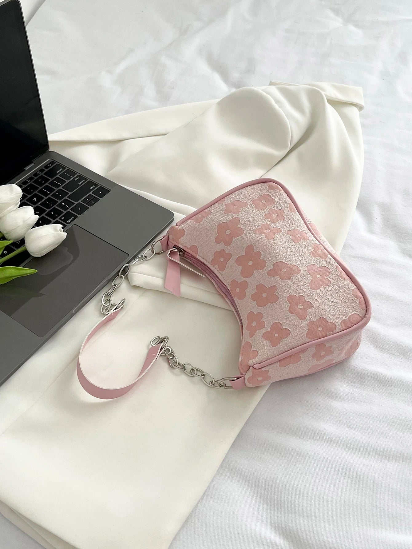 Floral Pattern Chain Bag, White Bag