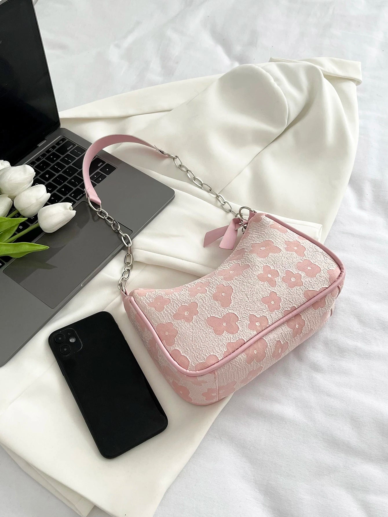 Floral Pattern Chain Bag, White Bag