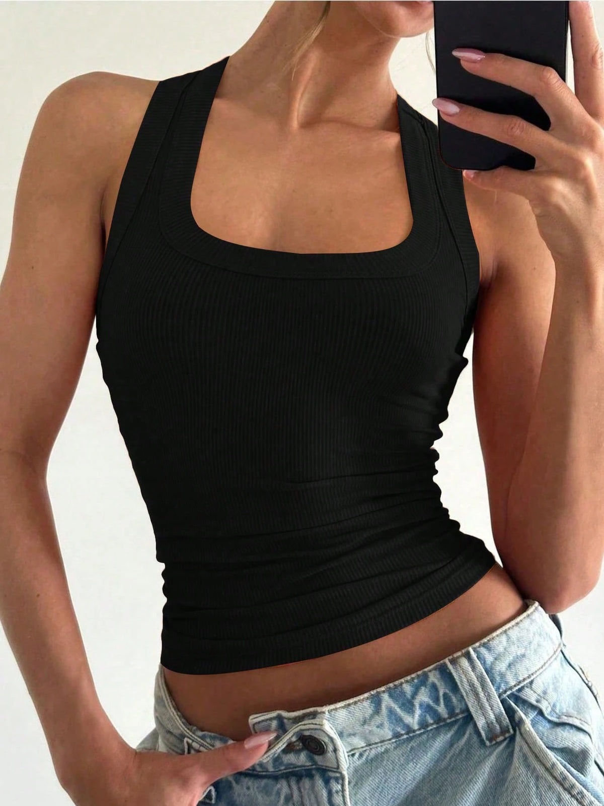 Floreya Square Neck Camisole Top For Women, Casual Slim Fit Sleeveless Crop Top, Versatile For Summer, Autumn & Spring Black, Clean Girl Aesthetic