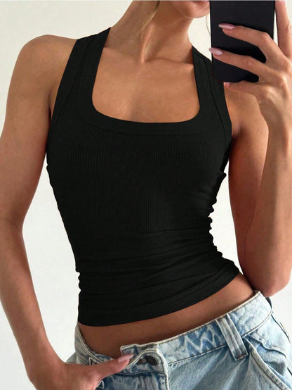 Floreya Square Neck Camisole Top For Women, Casual Slim Fit Sleeveless Crop Top, Versatile For Summer, Autumn & Spring Black, Clean Girl Aesthetic