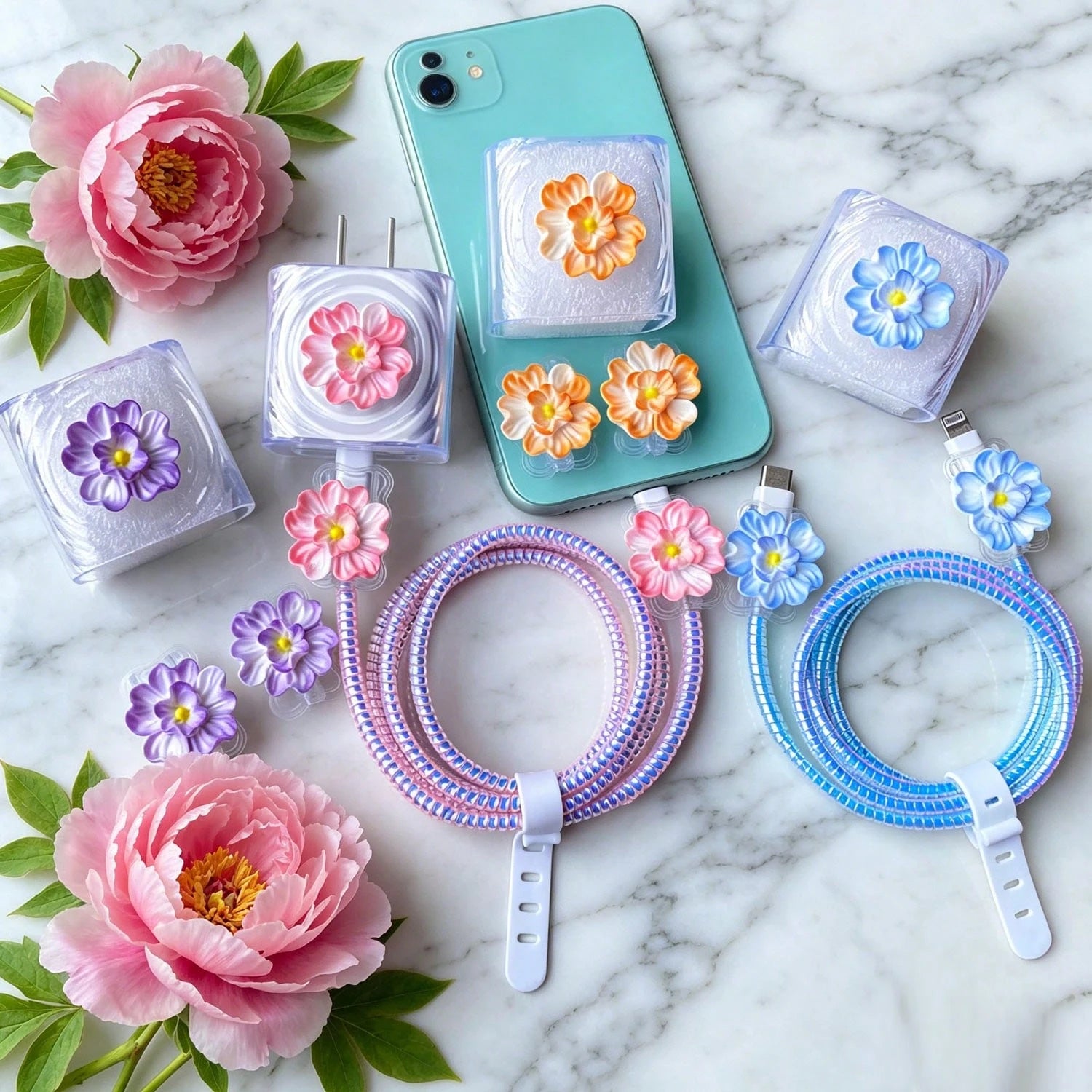 Flower Design Cable Protector, Anti-Breakage Charging Cable Protector, Suitable For IPhone 12-15/16, Type-C & Lightning Data Cable Protector, Cute Decorative Charging Cable Protector