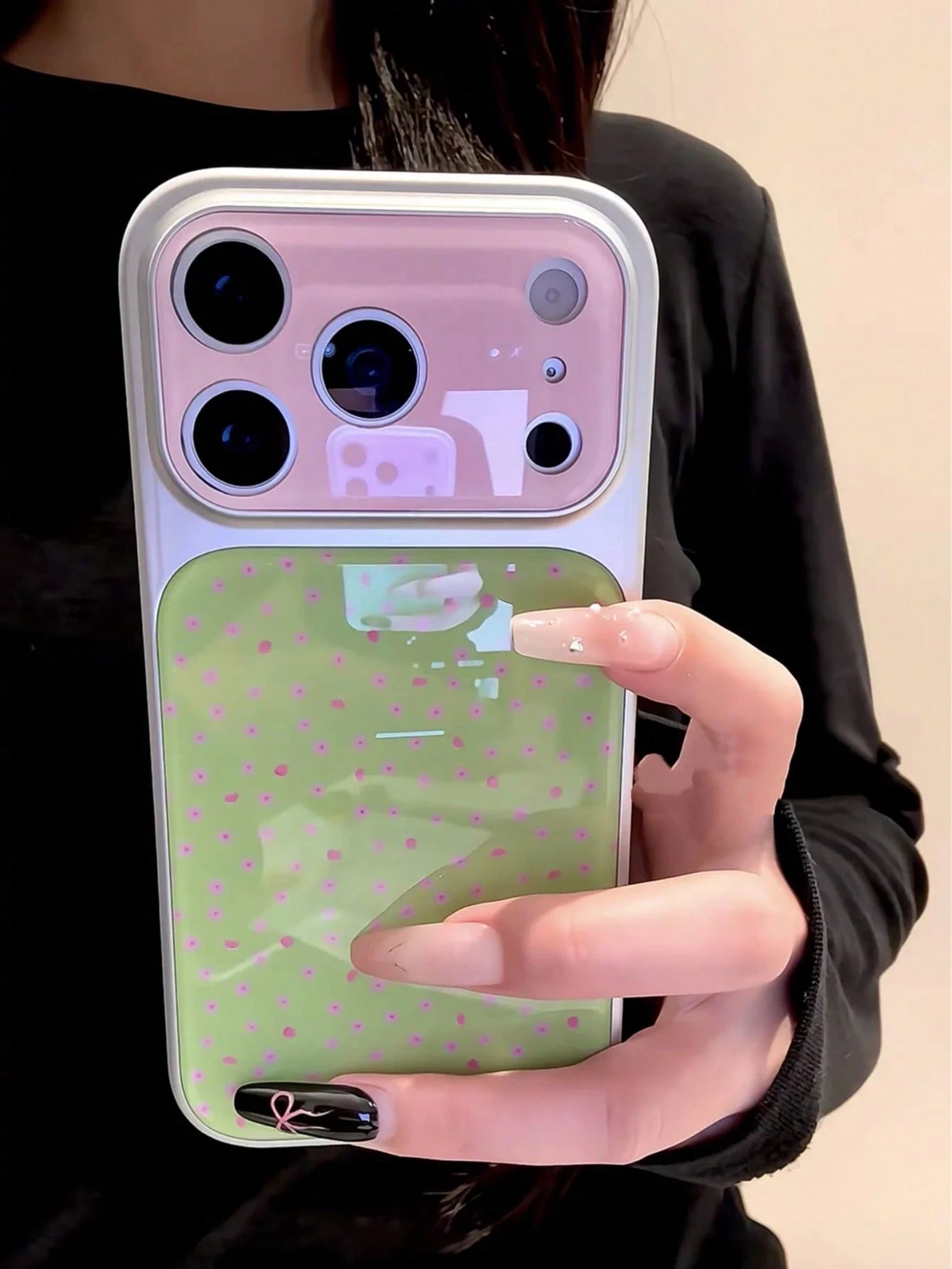 Flower Korean Ins Style Green Base Pink Floral 17 Phone Case, Electroplated Acrylic 16 Pro Max 15 New Design Protective Cover, Compatible With IPhone 17 Pro, Super Stylish