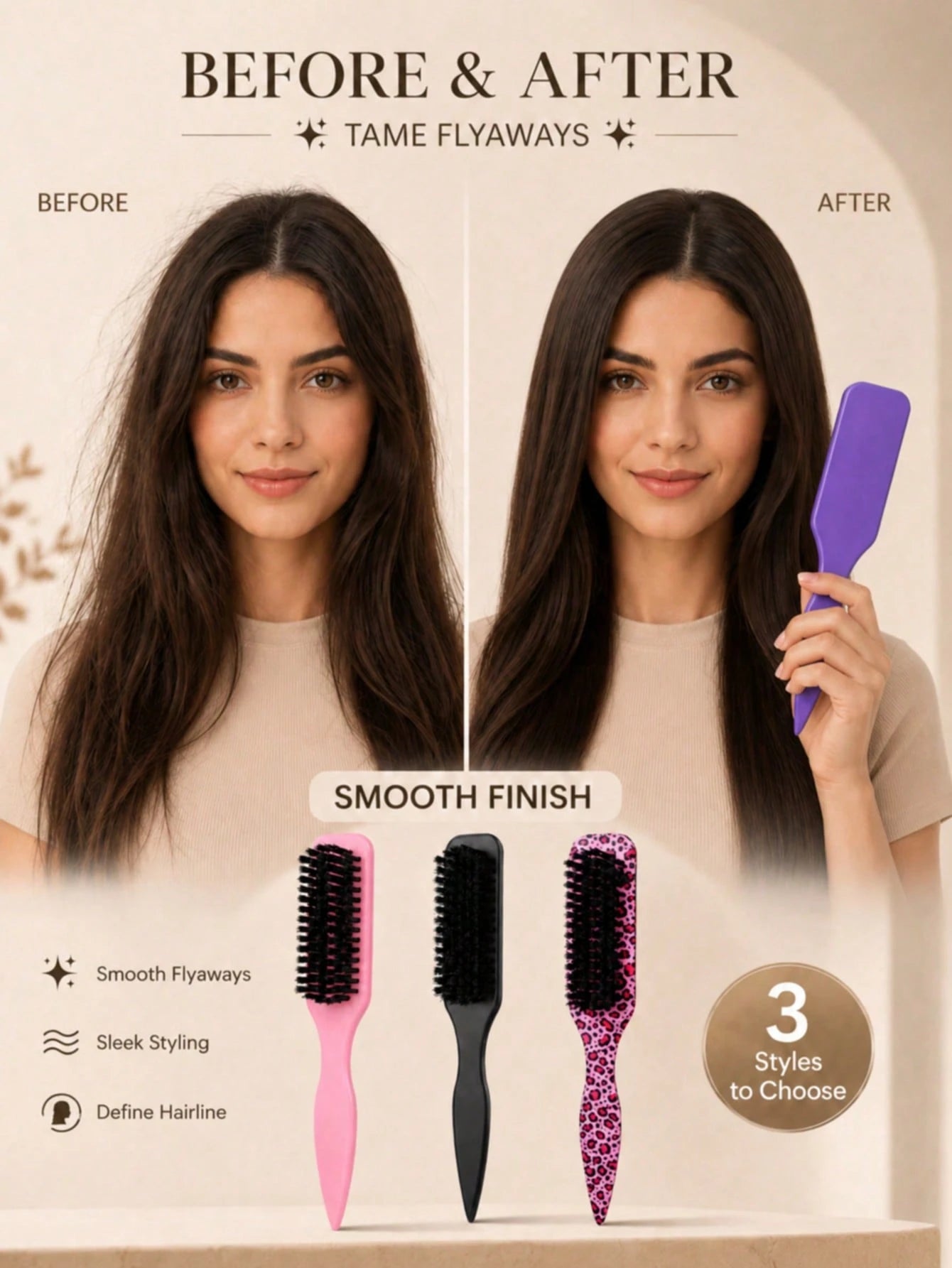Flyaway Hair Smoothing Comb, Fine-Tooth Brush Head Edge Styling Brush, Lightweight Hairline Shaping Brush, Suitable For Sleek Ponytails, Updo Styling, Wig Edge Control, Daily Hair Care And Travel Use