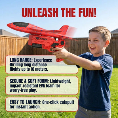 Foam Airplane Launcher Toy- 8-10 Meters Long Range Catapult Plane Gun, EVA Foam Glider Outdoor Flying Toy For Boys Girls, One-Click Launch Airplane Toy, Birthday Gift For Kids