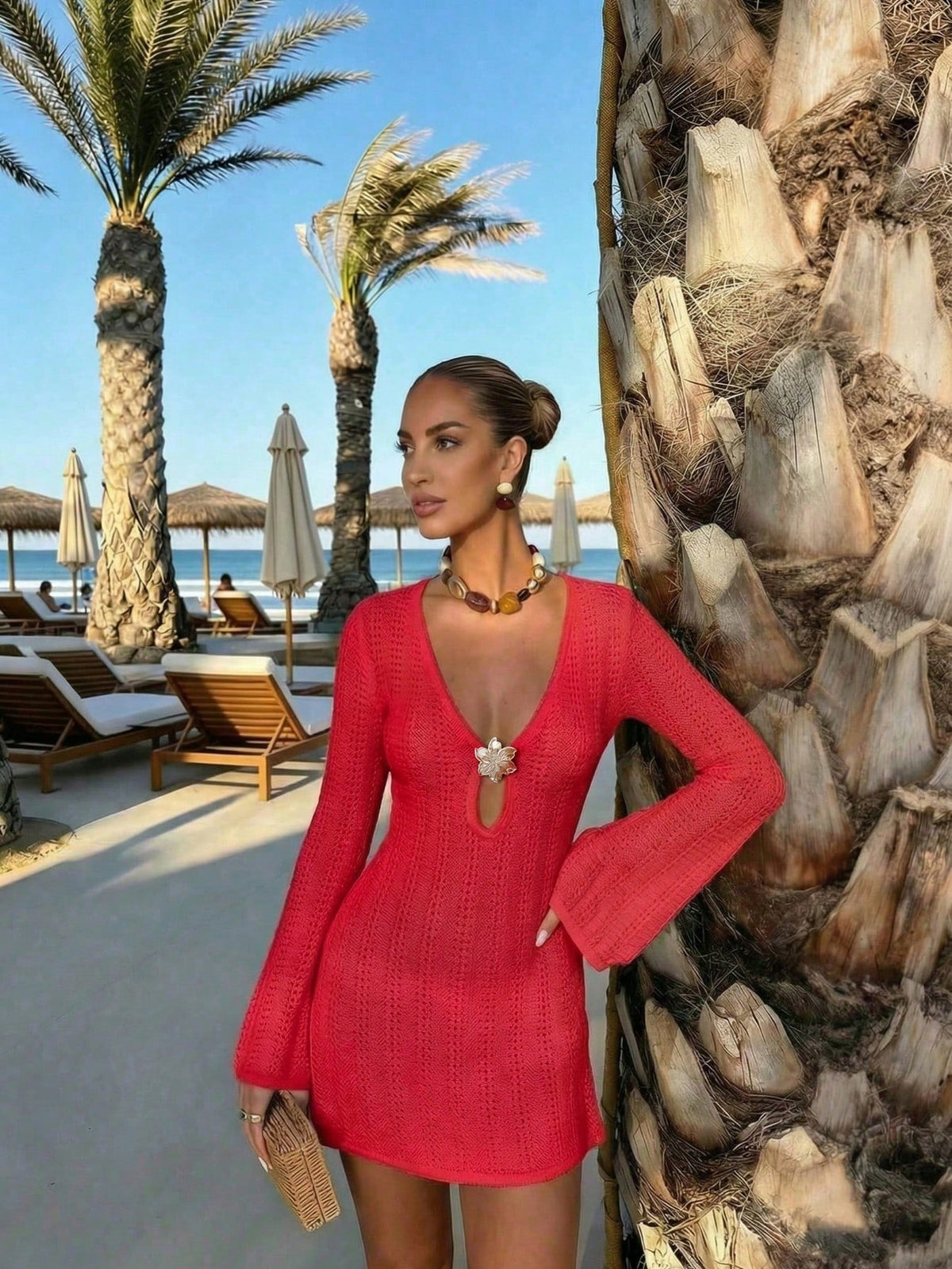 FOR BEAUTY New Women's Summer Casual Vacation Style Metal Flower Decor Flared Sleeve Cover-Up Dress, Suitable For Summer Outdoor Activities Beach