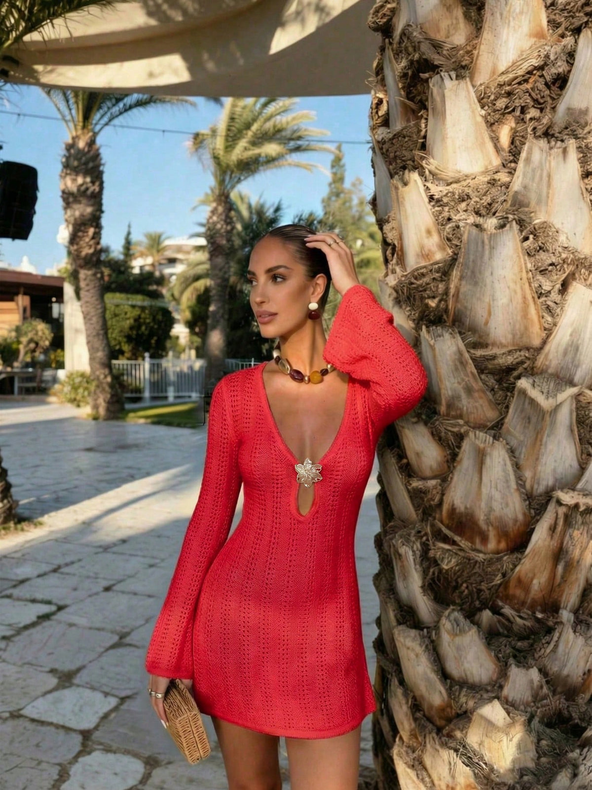 FOR BEAUTY New Women's Summer Casual Vacation Style Metal Flower Decor Flared Sleeve Cover-Up Dress, Suitable For Summer Outdoor Activities Beach