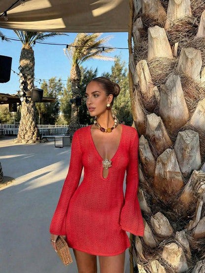 FOR BEAUTY New Women's Summer Casual Vacation Style Metal Flower Decor Flared Sleeve Cover-Up Dress, Suitable For Summer Outdoor Activities Beach