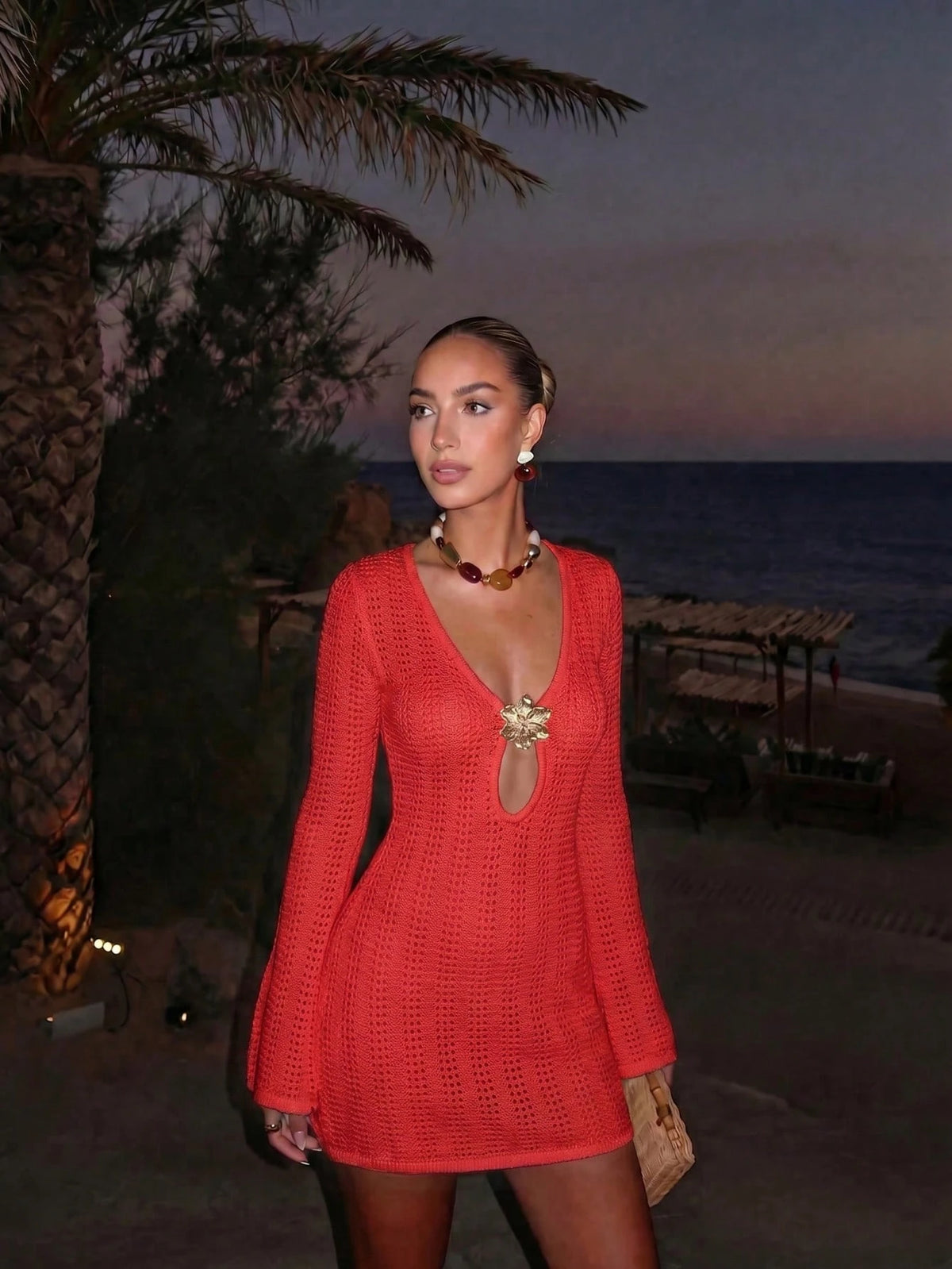 FOR BEAUTY New Women's Summer Casual Vacation Style Metal Flower Decor Flared Sleeve Cover-Up Dress, Suitable For Summer Outdoor Activities Beach