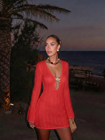 FOR BEAUTY New Women's Summer Casual Vacation Style Metal Flower Decor Flared Sleeve Cover-Up Dress, Suitable For Summer Outdoor Activities Beach