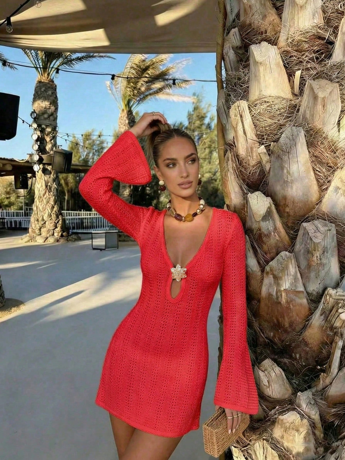 FOR BEAUTY New Women's Summer Casual Vacation Style Metal Flower Decor Flared Sleeve Cover-Up Dress, Suitable For Summer Outdoor Activities Beach
