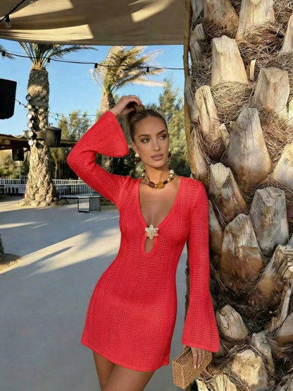 FOR BEAUTY New Women's Summer Casual Vacation Style Metal Flower Decor Flared Sleeve Cover-Up Dress, Suitable For Summer Outdoor Activities Beach